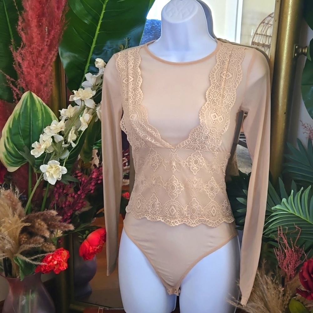 Forever 21 Cream Tan Lace Mesh Bodysuit